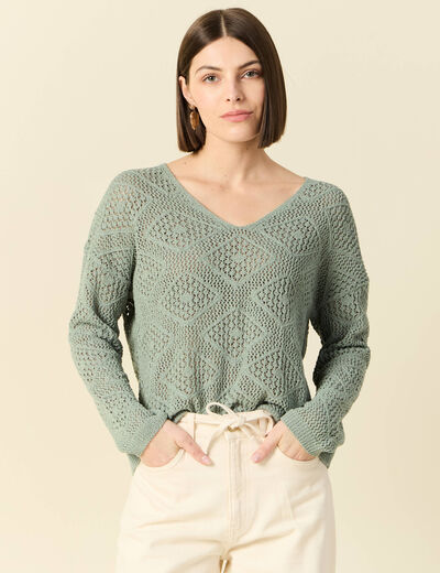 Pull manches longues ajouré vert kaki femme