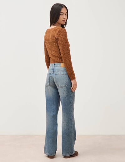 Jeans wide leg strass taille standard bleu femme