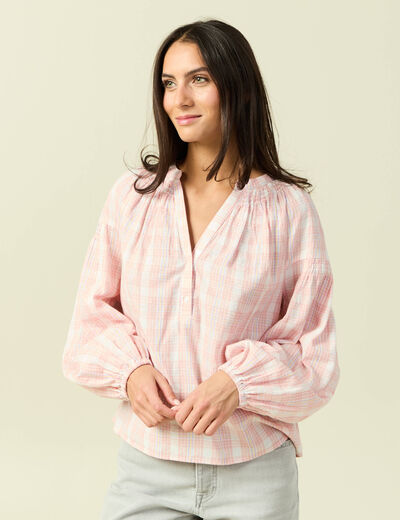 Blouse en coton &agrave; carreaux blanc femme