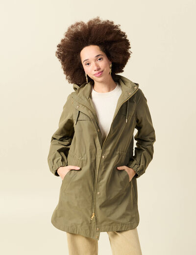 Parka longue droite d&eacute;perlante &agrave; capuche vert kaki femme