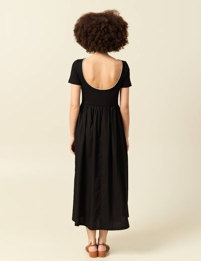 Robe longue bi-mati&egrave;re col rond noir femme