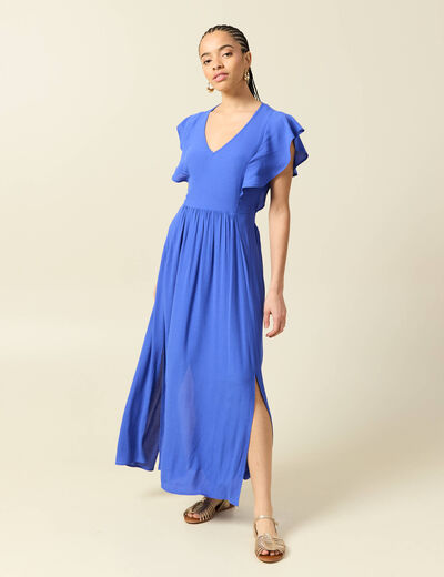 Robe fluide col v manches courtes bleu electrique femme