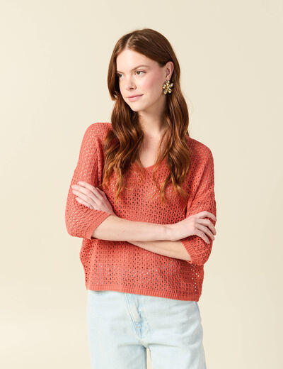 Pull ajour&eacute; col v manches 3/4 rouge fonc&eacute; femme