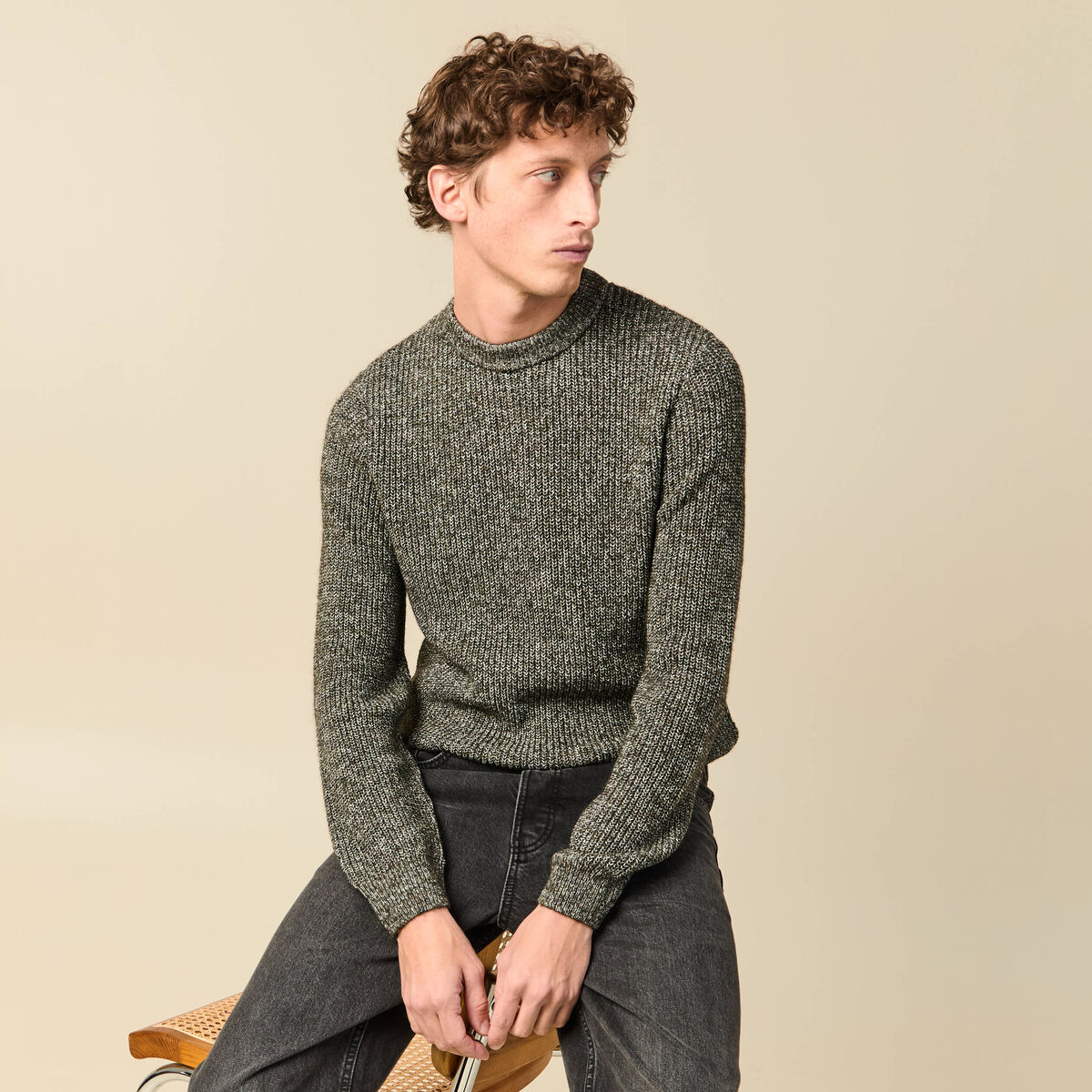 Pull manches longues col rond vert kaki homme