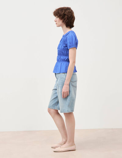 T-shirt fronc&eacute; col rond manches courtes bleu electrique femme