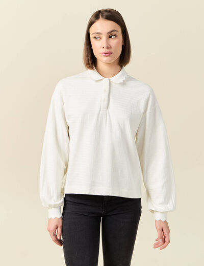 Sweat manches longues col polo ecru femme