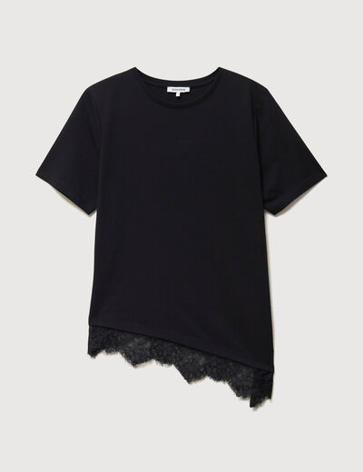 T-shirt droit col rond avec dentelle noir femme