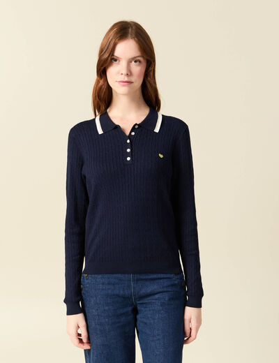 Polo avec torsade et c&oelig;ur brod&eacute; bleu marine femme