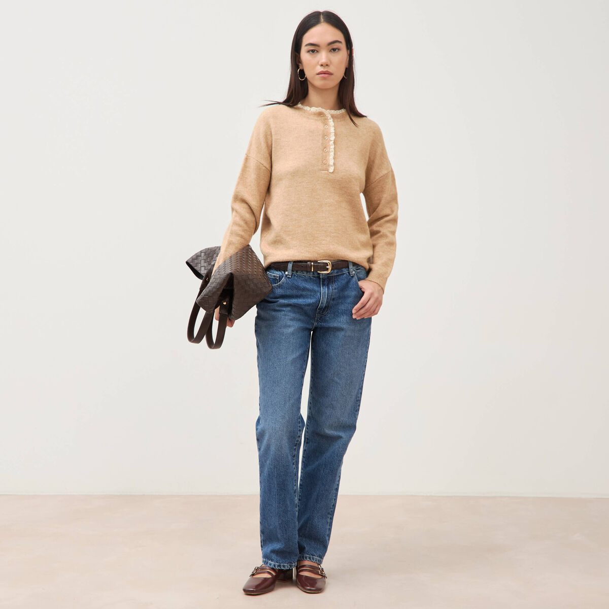Pull col tunisien manches longues marron clair femme