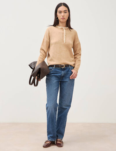 Pull col tunisien manches longues marron clair femme