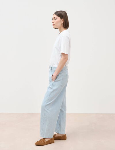 Jeans barrel taille haute ray&eacute; denim bleach femme