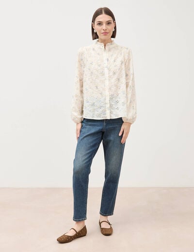 Chemise manches longues col mao bleu femme