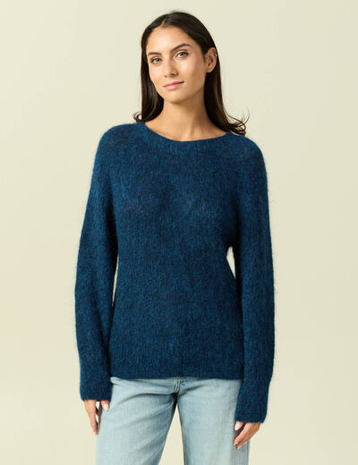 Pull manches longues col rond bleu canard femme