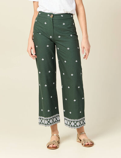 Pantalon large brodé vert kaki femme