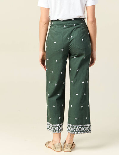 Pantalon large brodé vert kaki femme