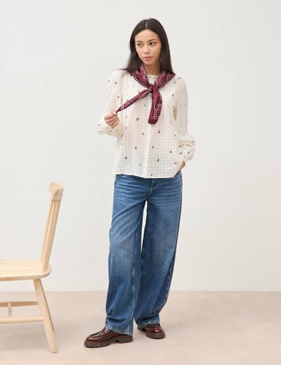 Chemise manches longues en coton brod&eacute;e blanc femme