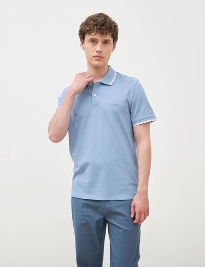 Polo cintr&eacute; en coton manches courtes bleu gris homme
