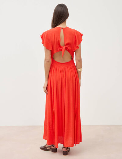 Robe col v manches courtes orange fonc&eacute; femme