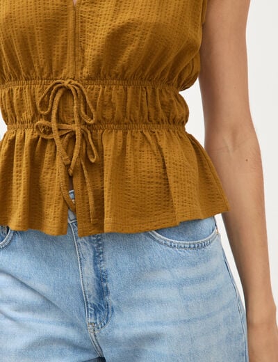 D&eacute;bardeur col v n&oelig;uds en coton vert olive femme