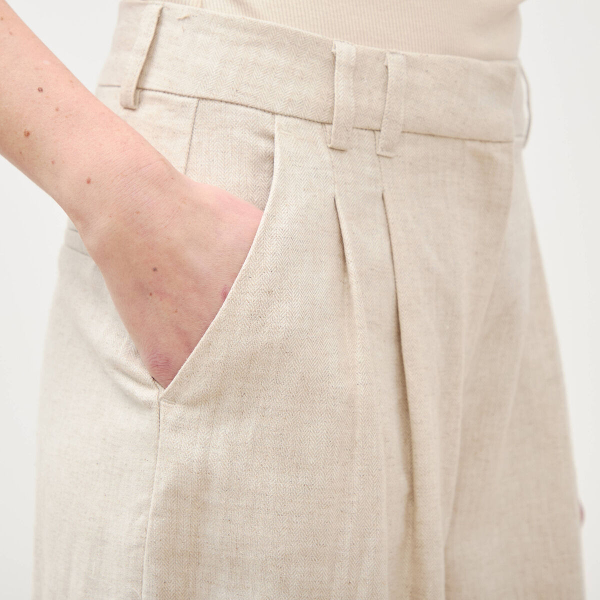 Pantalon large taille haute sable femme