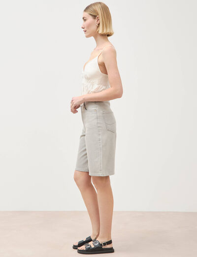 Bermuda large taille haute en coton denim gris clair femme