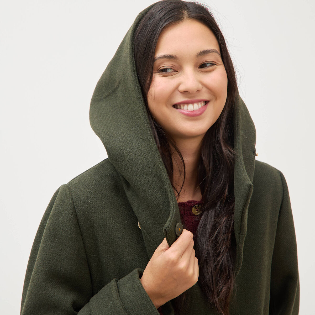 Caban oversize court &agrave; capuche vert olive femme