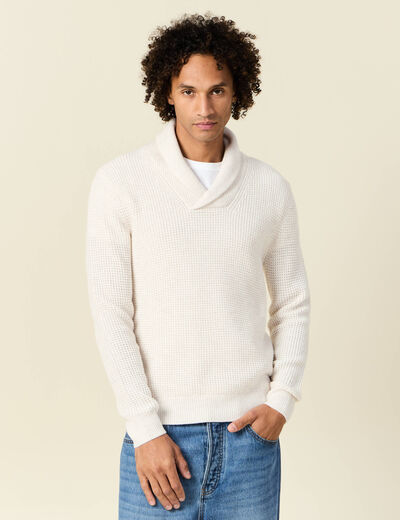 Pull manches longues col châle ecru homme