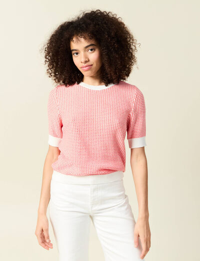 Pull droit court manches courtes ecru femme