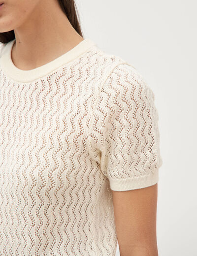 Pull col rond manches courtes creme femme
