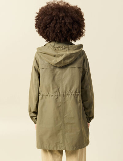 Parka longue droite d&eacute;perlante &agrave; capuche vert kaki femme