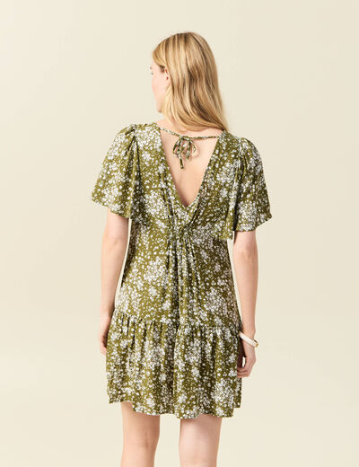 Robe évasée manches courtes vert olive femme