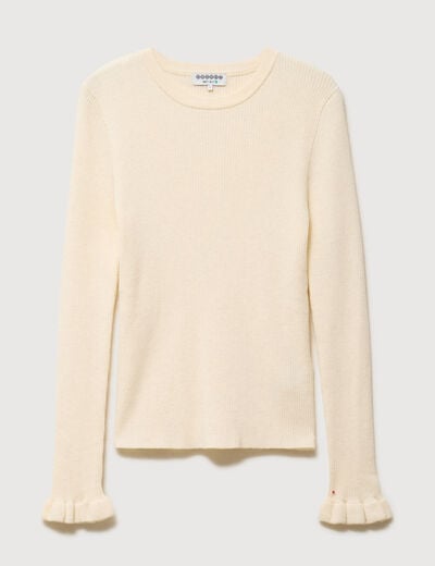 Pull cintr&eacute; col rond manches longues creme femme