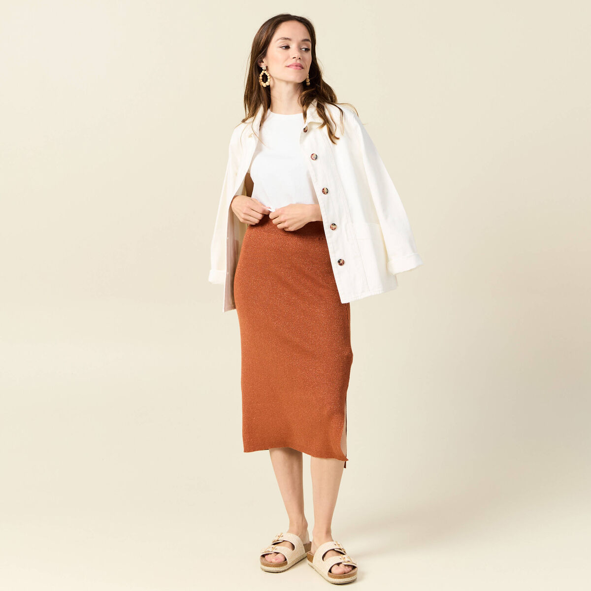 Jupe longue ajustée en tricot orange foncé femme
