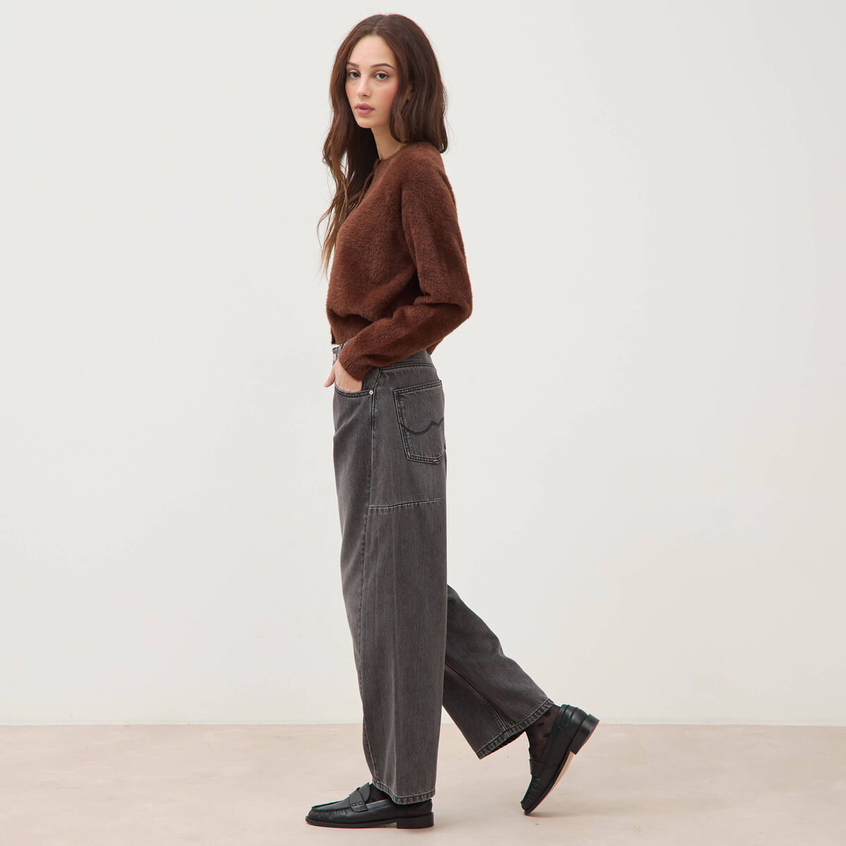 Jeans barrel taille standard denim gris femme