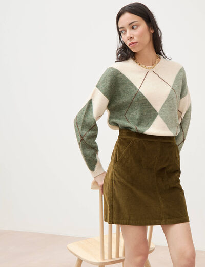 Jupe droite courte en velours vert olive femme