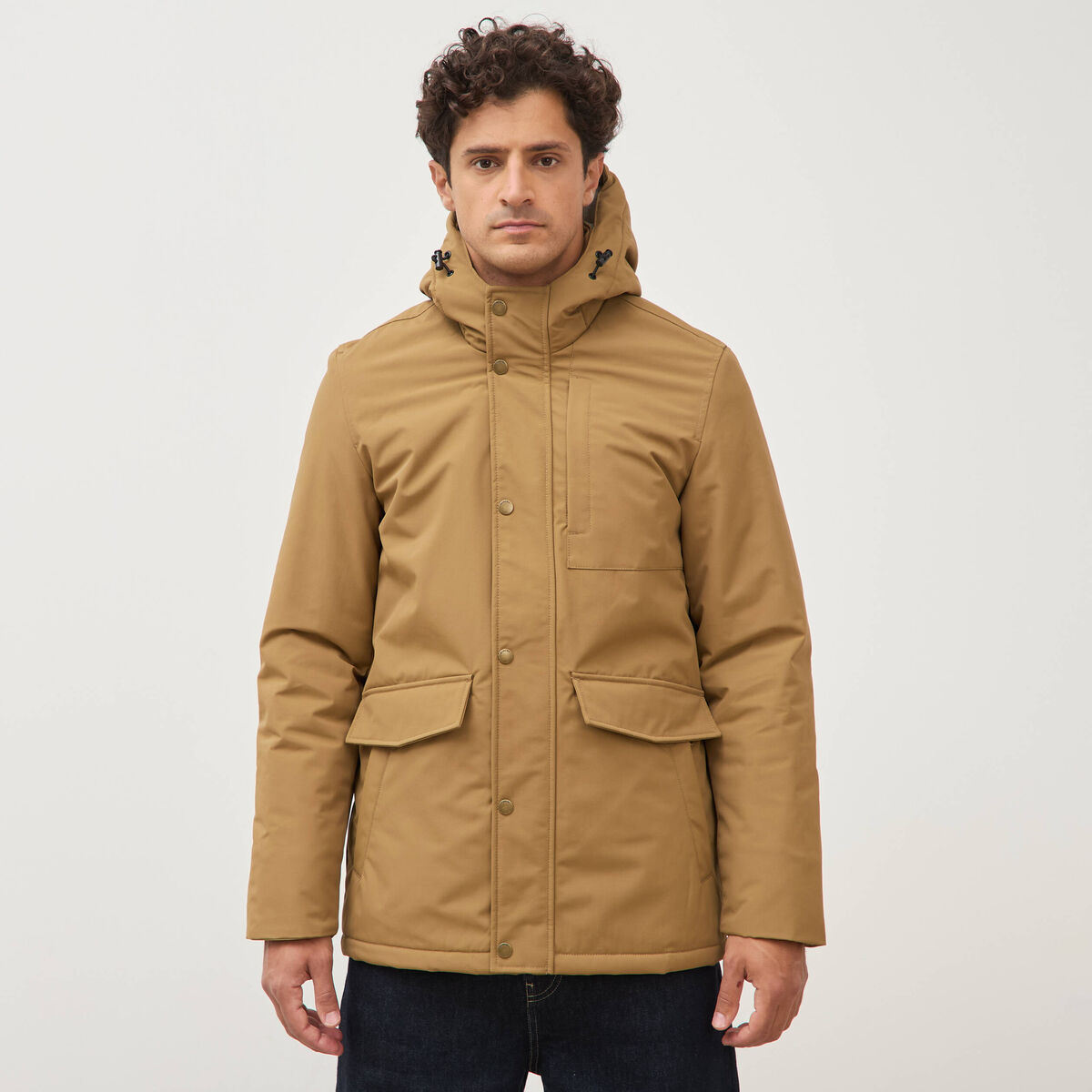 Parka longue droite &agrave; capuche vert kaki homme