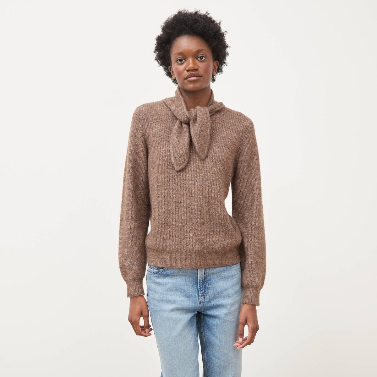 Pull droit col rond manches longues marron femme