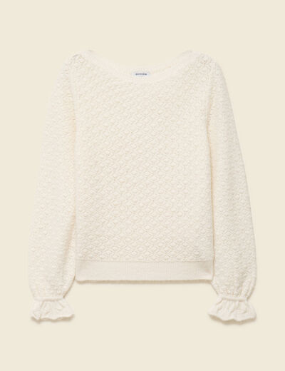 Pull ajour&eacute; col bateau manches longues ecru femme