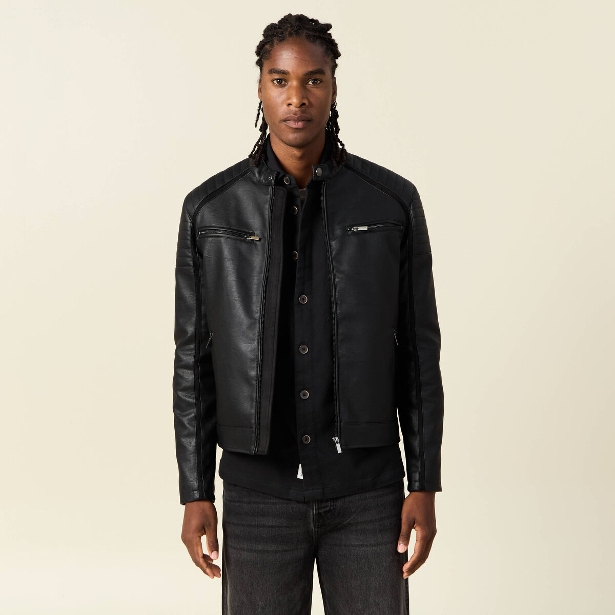 Veste biker simili cuir noir homme