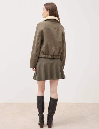 Blouson court oversize col sherpa vert kaki femme