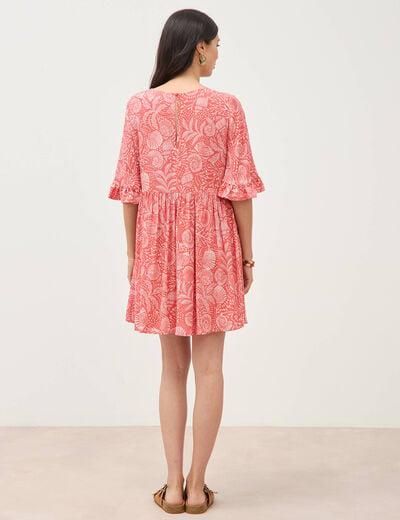 Robe fluide col rond manches coude orange corail femme