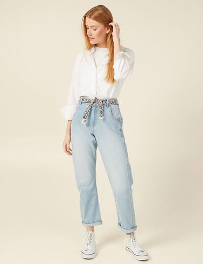 Jeans boyfriend ceinturé denim bleach femme