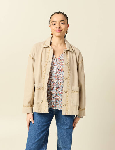 Blouson boutonn&eacute; brod&eacute; beige femme