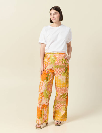 Pantalon large taille haute en coton orange corail femme