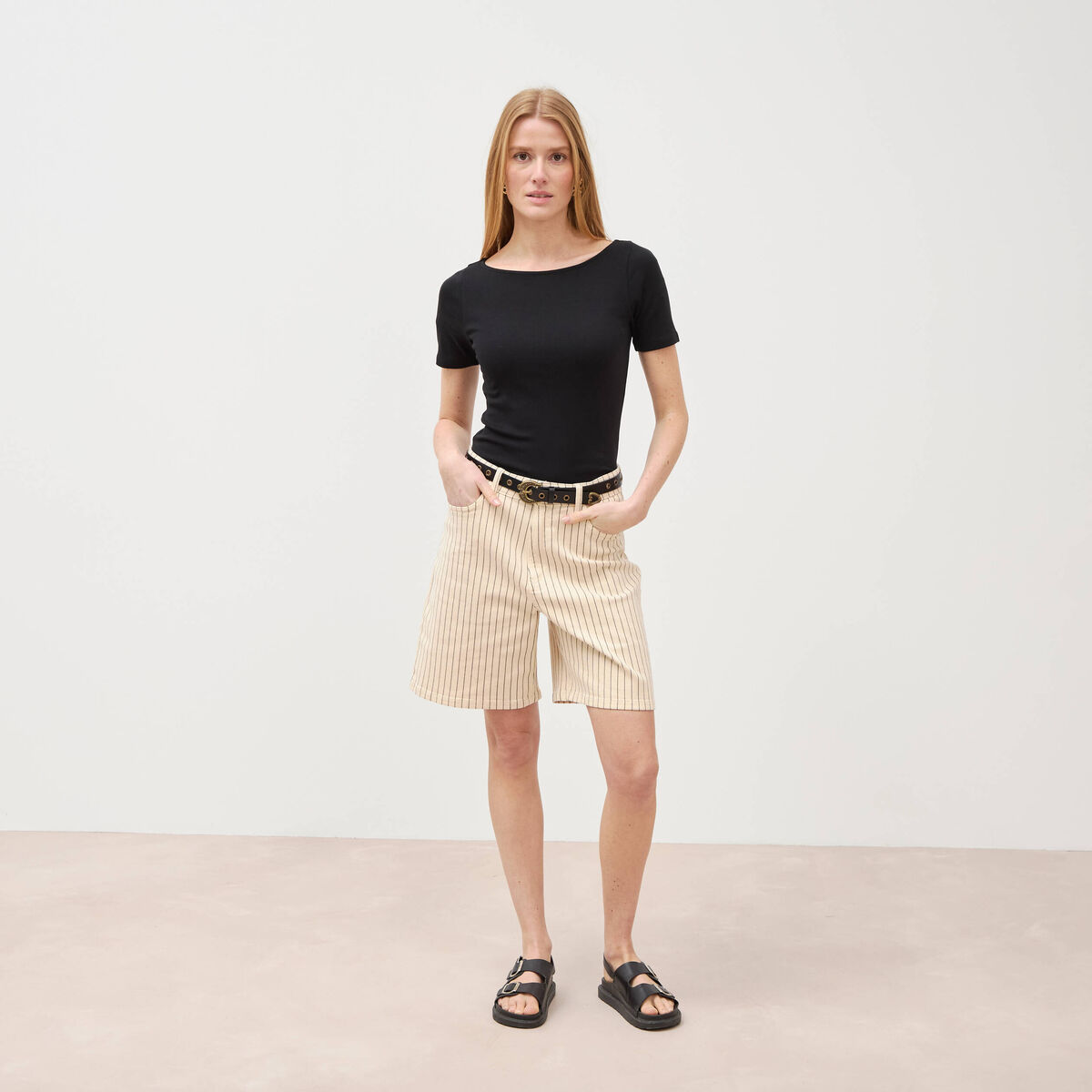 Bermuda large taille haute en jeans denim blanc femme