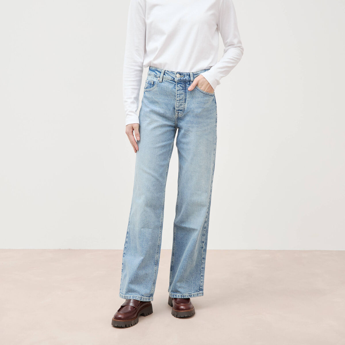 Jeans large taille haute denim baby bleu femme