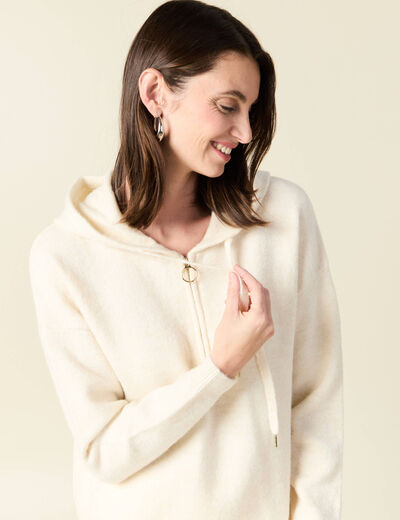 Pull &agrave; capuche zipp&eacute; creme femme