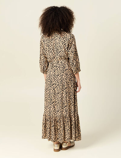 Robe longue droite manches 3/4 marron clair femme