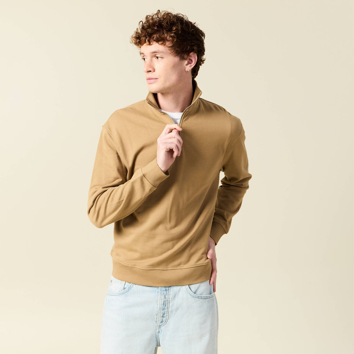 Sweat manches longues en coton beige homme