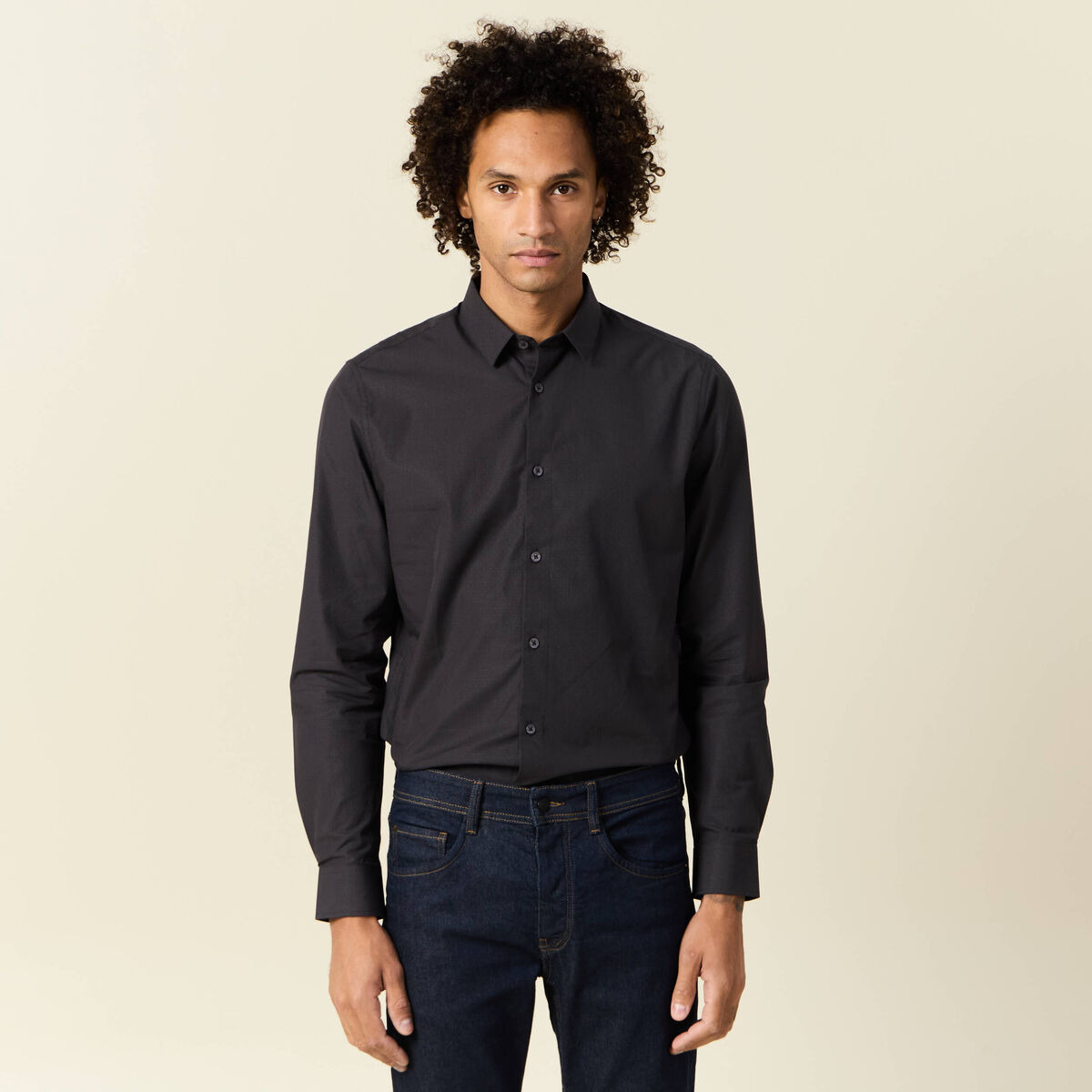 Chemise manches longues gris fonc&eacute; homme